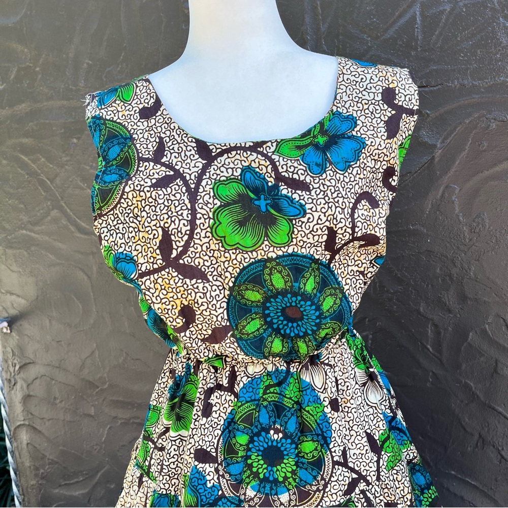 Vintage Hawaiian tiki print retro style flare dress homemade cotton XL 40” bust - Picture 3 of 5
